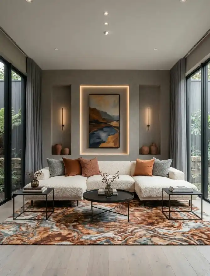 Small Minimalist Living Room with Geometric Symmetry and Layered ...